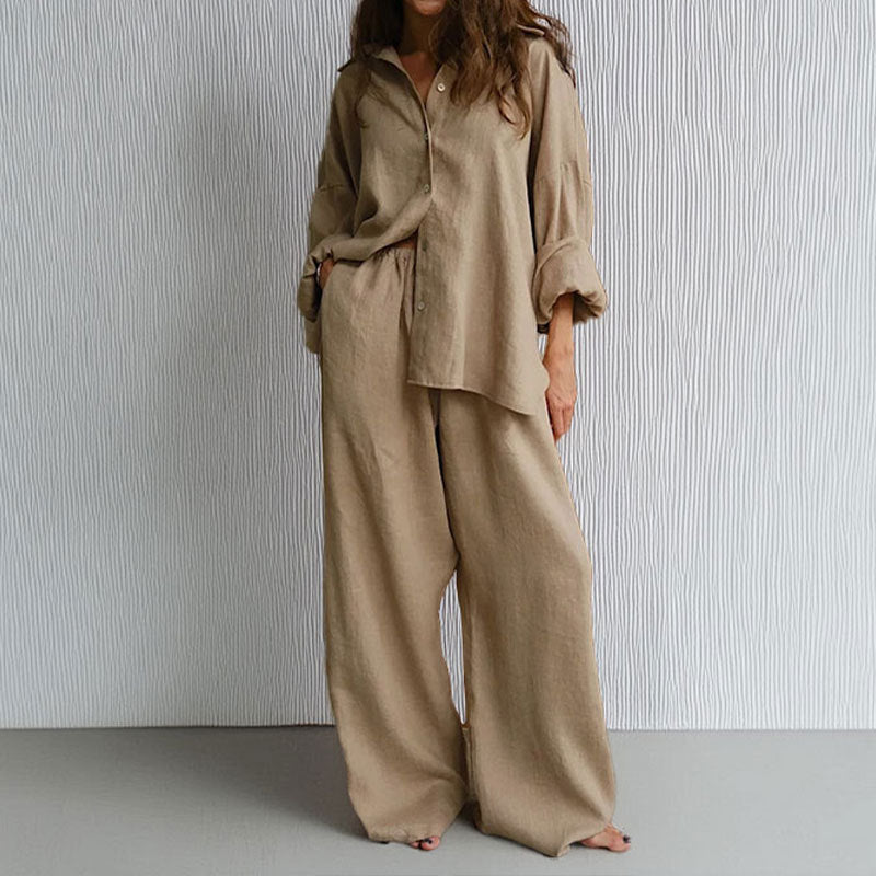Women's Linen Blend Two-Piece Set - Oversized Button-Down & Wide-Leg Trousers