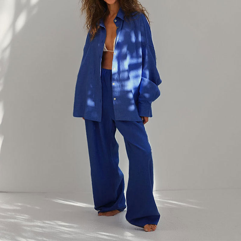 Women's Linen Blend Two-Piece Set - Oversized Button-Down & Wide-Leg Trousers
