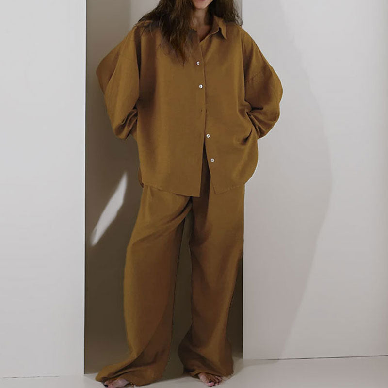 Women's Linen Blend Two-Piece Set - Oversized Button-Down & Wide-Leg Trousers Brown