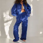 Women's Linen Blend Two-Piece Set - Oversized Button-Down & Wide-Leg Trousers Blue