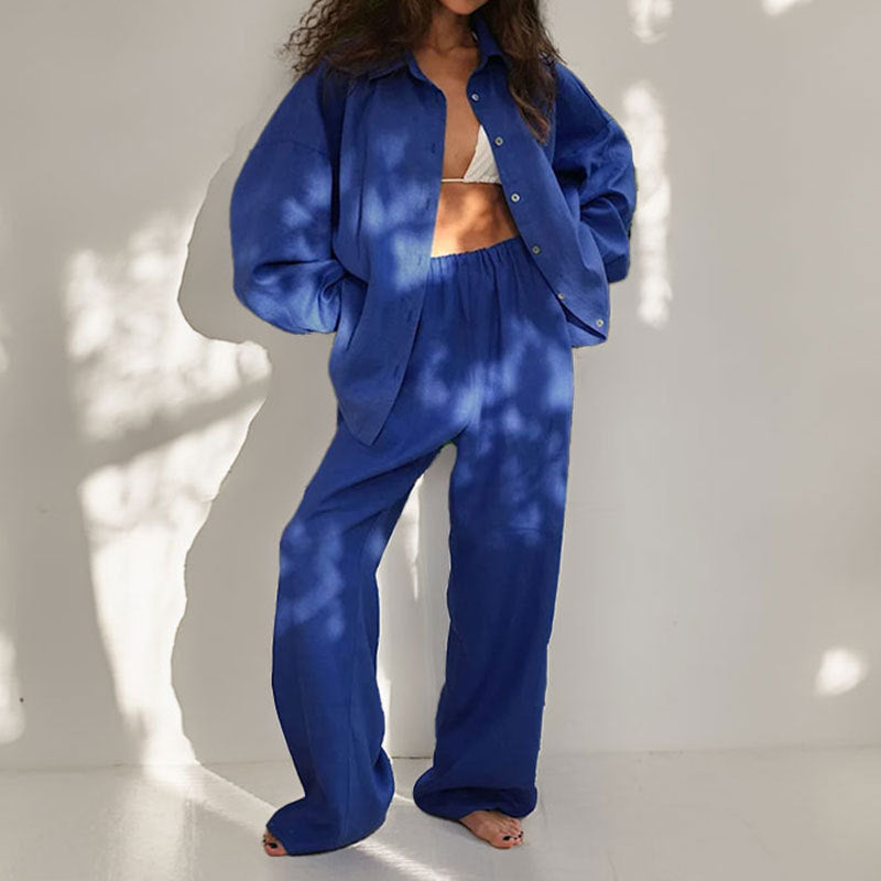 Women's Linen Blend Two-Piece Set - Oversized Button-Down & Wide-Leg Trousers Blue