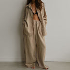 Women's Linen Blend Two-Piece Set - Oversized Button-Down & Wide-Leg Trousers Khaki