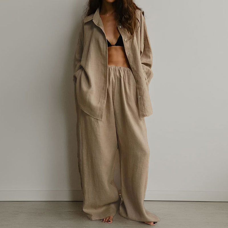 Women's Linen Blend Two-Piece Set - Oversized Button-Down & Wide-Leg Trousers Khaki