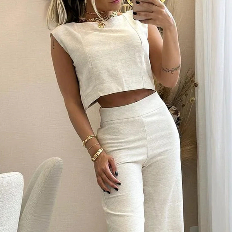 Women's Linen Blend Two-Piece Set - Sleeveless Crop Top & Wide-Leg Trousers | Beige