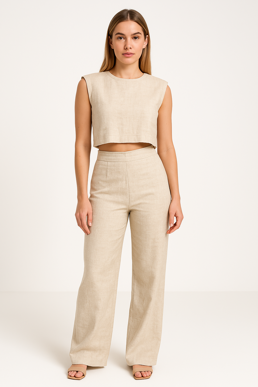 Women's Linen Blend Two-Piece Set - Sleeveless Crop Top & Wide-Leg Trousers | Beige
