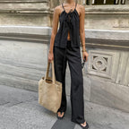 Women's Linen Blend Two-Piece Set – Tie-Front Crop Top & Wide-Leg Trousers