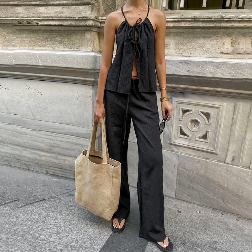 Women's Linen Blend Two-Piece Set – Tie-Front Crop Top & Wide-Leg Trousers