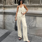 Women's Linen Blend Two-Piece Set – Tie-Front Crop Top & Wide-Leg Trousers