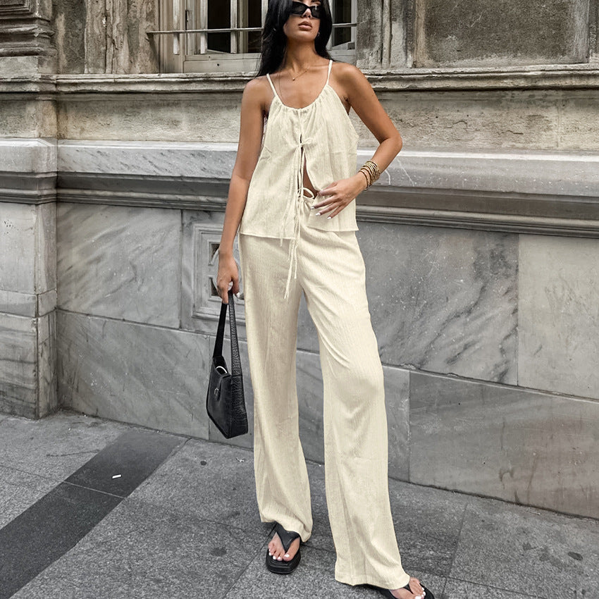 Women's Linen Blend Two-Piece Set – Tie-Front Crop Top & Wide-Leg Trousers