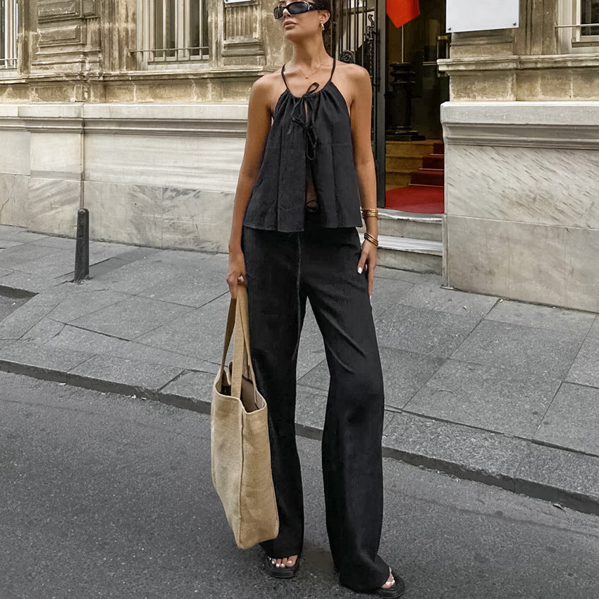 Women's Linen Blend Two-Piece Set – Tie-Front Crop Top & Wide-Leg Trousers Black