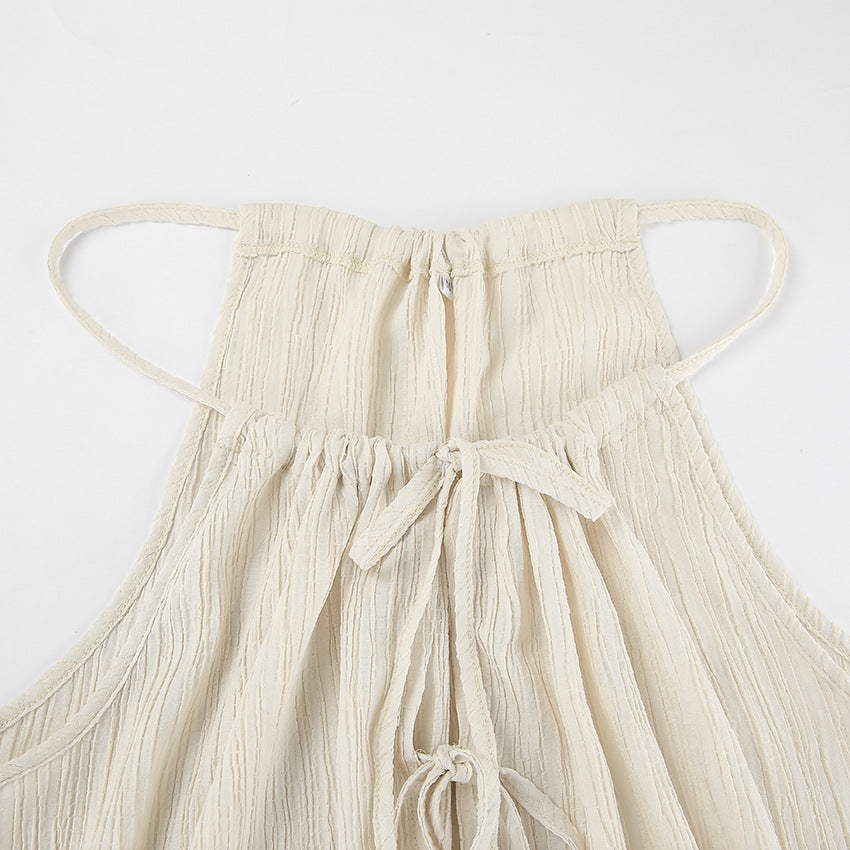 Women's Linen Blend Two-Piece Set – Tie-Front Crop Top & Wide-Leg Trousers