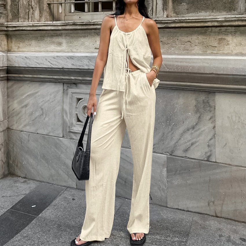 Women's Linen Blend Two-Piece Set – Tie-Front Crop Top & Wide-Leg Trousers Beige