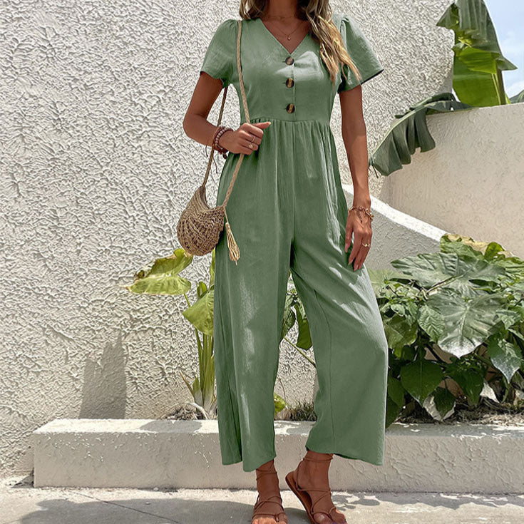 Women's Linen Blend Wide Leg Jumpsuit - Relaxed Fit, Short Sleeve Green