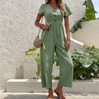 Women's Linen Blend Wide Leg Jumpsuit - Relaxed Fit, Short Sleeve Green