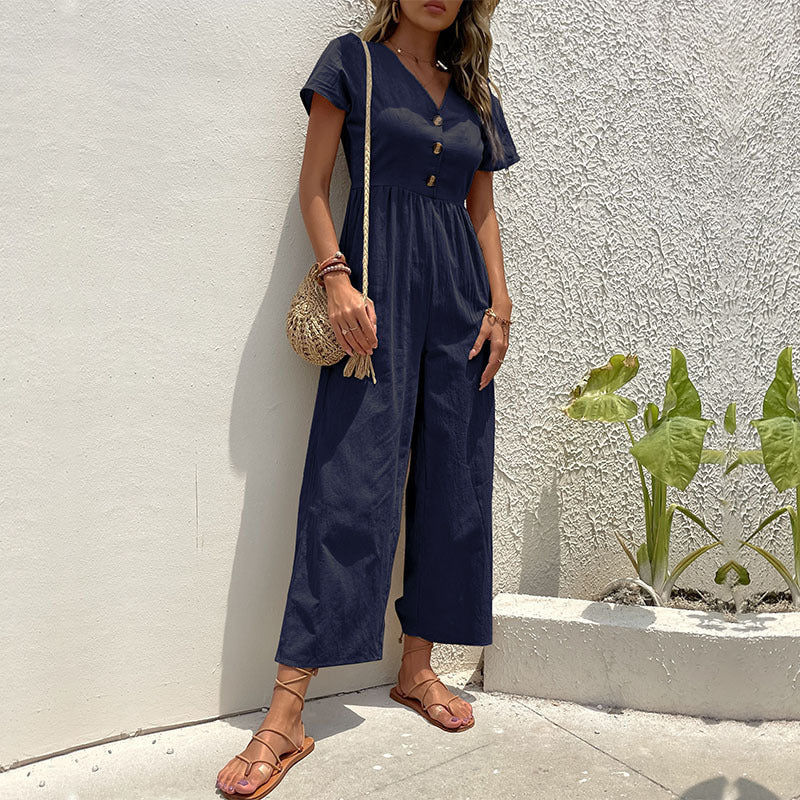 Women's Linen Blend Wide Leg Jumpsuit - Relaxed Fit, Short Sleeve Navy