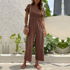 Women's Linen Blend Wide Leg Jumpsuit - Relaxed Fit, Short Sleeve Brown