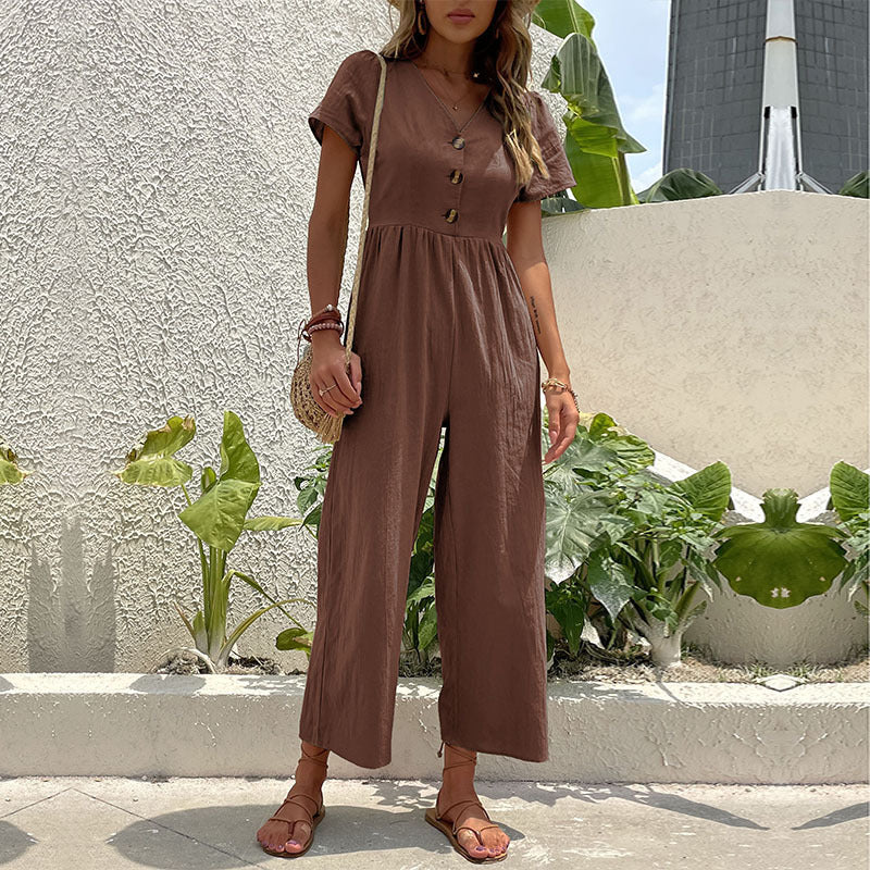 Women's Linen Blend Wide Leg Jumpsuit - Relaxed Fit, Short Sleeve Brown