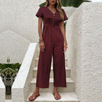 Women's Linen Blend Wide Leg Jumpsuit - Relaxed Fit, Short Sleeve Bordeaux