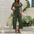 Women's Linen Blend Wide Leg Jumpsuit - Relaxed Fit, Short Sleeve Dark Green