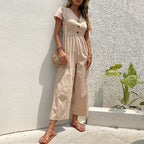 Women's Linen Blend Wide Leg Jumpsuit - Relaxed Fit, Short Sleeve Khaki