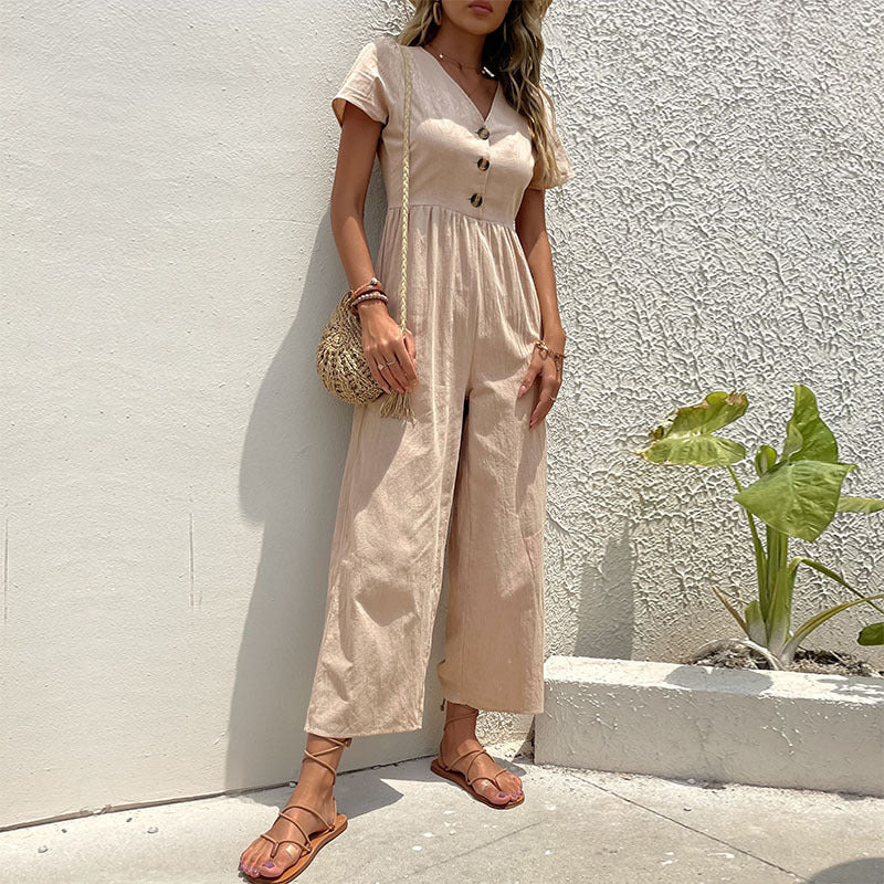 Women's Linen Blend Wide Leg Jumpsuit - Relaxed Fit, Short Sleeve Khaki