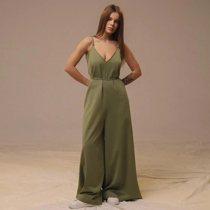 Women’s Linen Jumpsuit – Sleeveless V-Neck Belted Wide Leg One Piece Green
