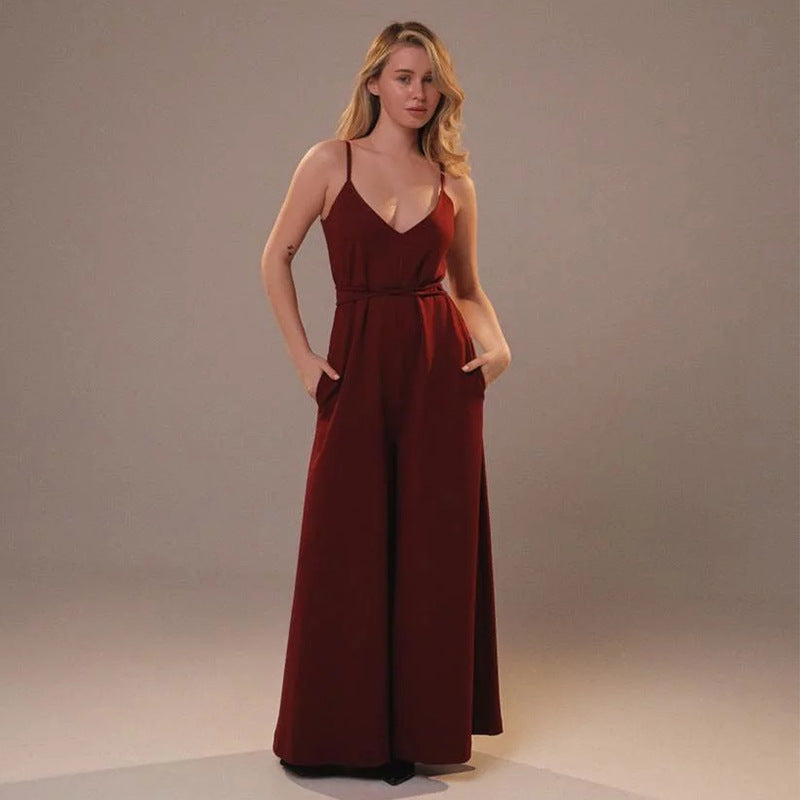 Women’s Linen Jumpsuit – Sleeveless V-Neck Belted Wide Leg One Piece Bordeaux