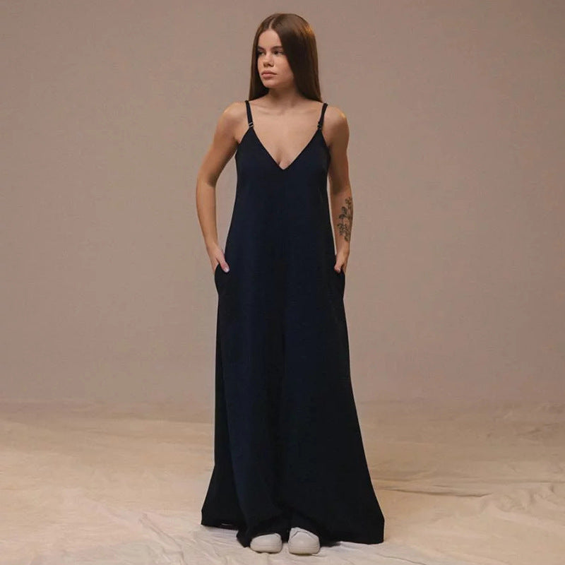 Women’s Linen Jumpsuit – Sleeveless V-Neck Belted Wide Leg One Piece Navy