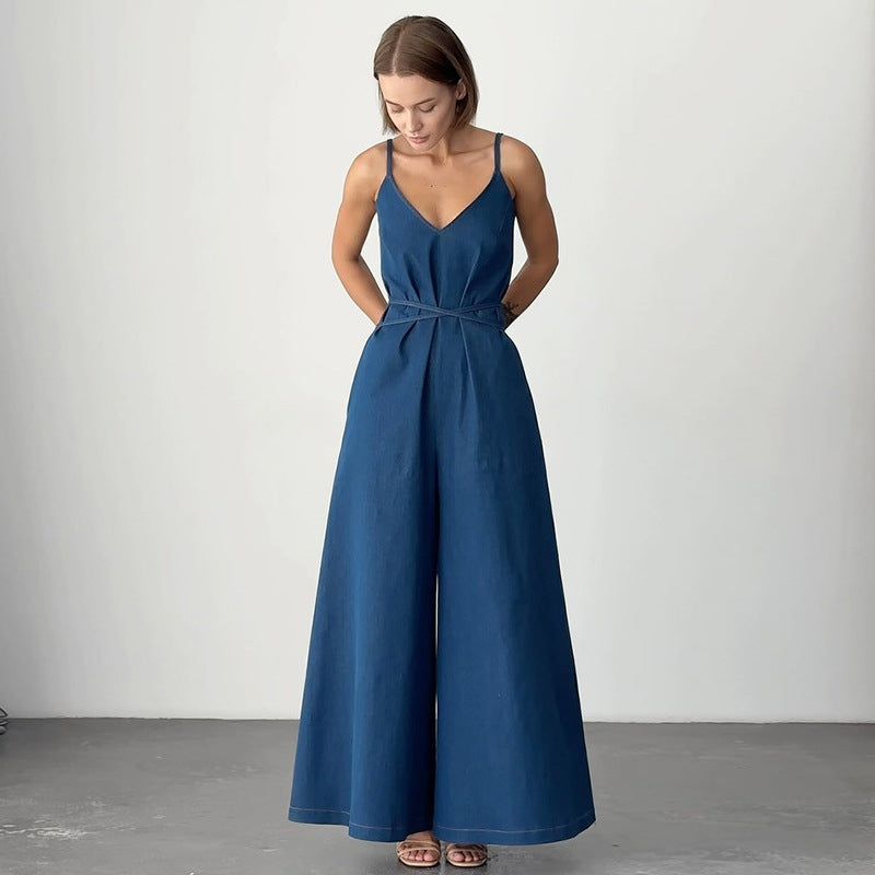 Women’s Linen Jumpsuit – Sleeveless V-Neck Belted Wide Leg One Piece Blue