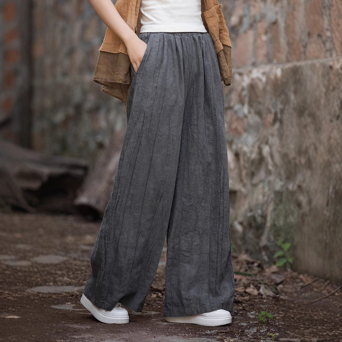 Women's Linen Cotton Blend Wide-Leg Trousers - Relaxed Fit, Casual Style Grey