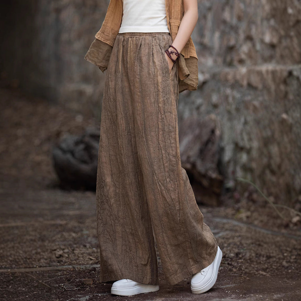 Women's Linen Cotton Blend Wide-Leg Trousers - Relaxed Fit, Casual Style Brown