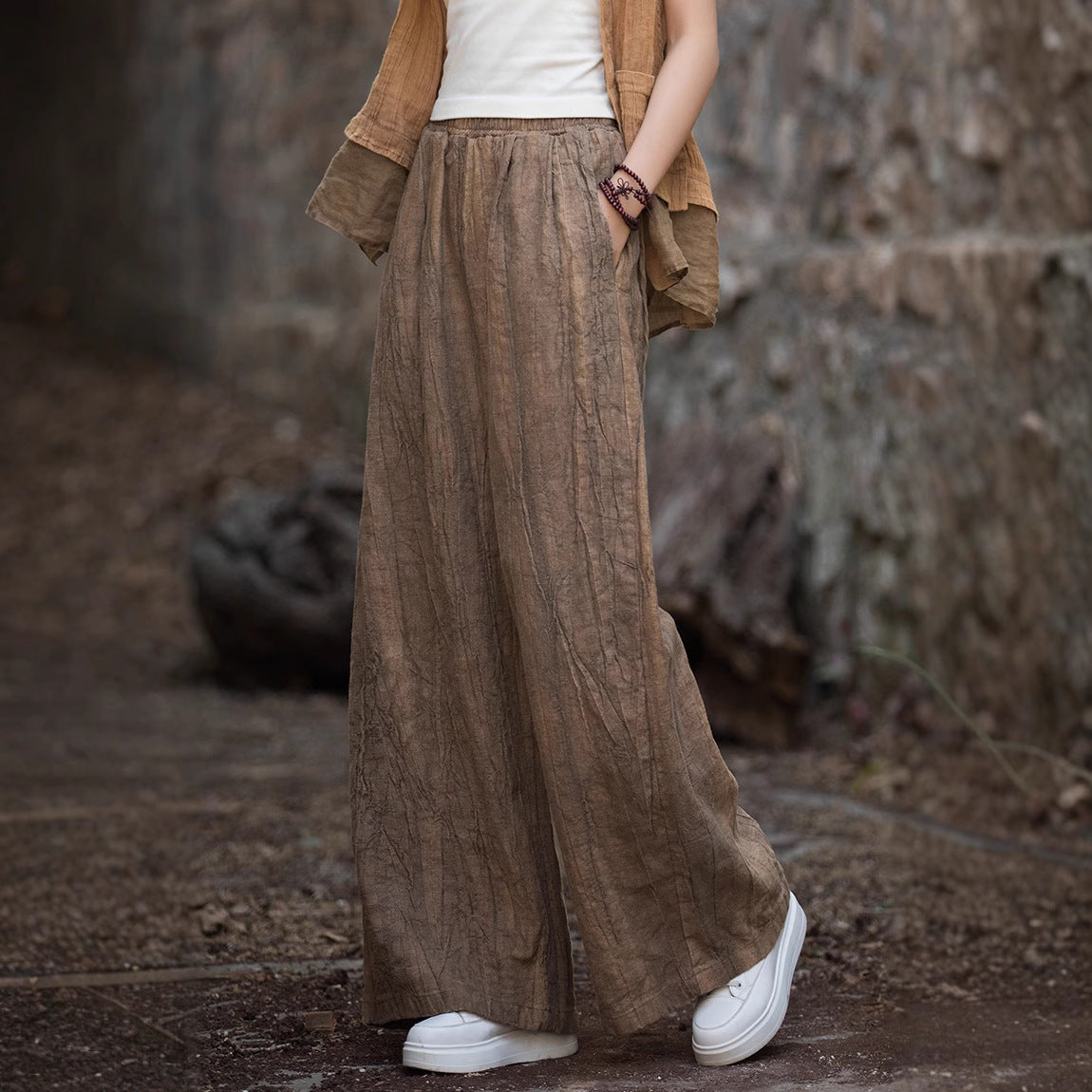 Women's Linen Cotton Blend Wide-Leg Trousers - Relaxed Fit, Casual Style Brown