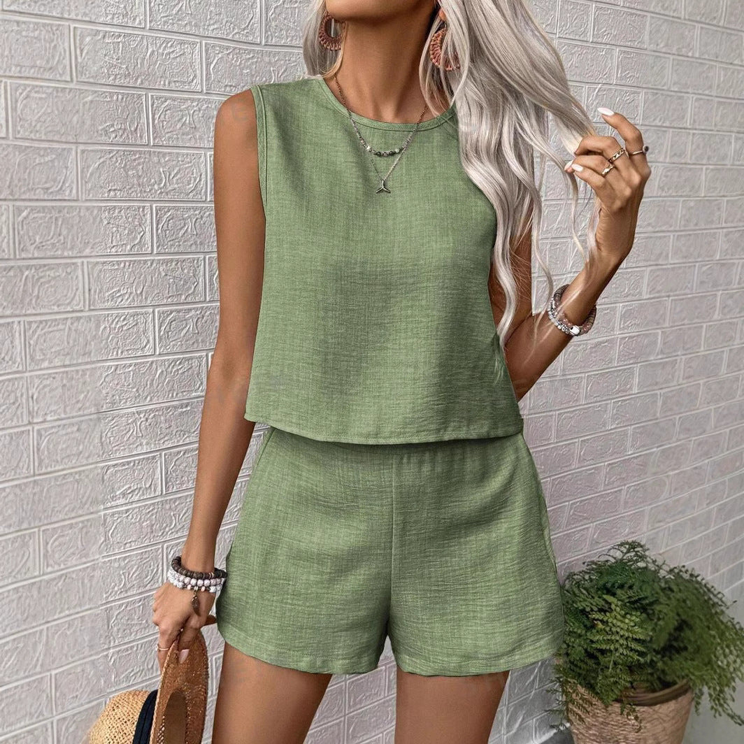 Women's Linen Feel Two Piece Set - Sleeveless Top & Mid-Thigh Shorts, Casual Comfort for Summer