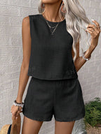 Women's Linen Feel Two Piece Set - Sleeveless Top & Mid-Thigh Shorts, Casual Comfort for Summer