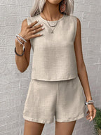 Women's Linen Feel Two Piece Set - Sleeveless Top & Mid-Thigh Shorts, Casual Comfort for Summer