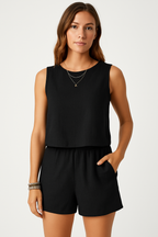 Women's Linen Feel Two Piece Set - Sleeveless Top & Mid-Thigh Shorts, Casual Comfort for Summer Black