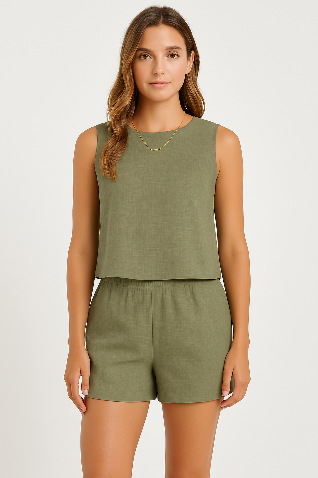Women's Linen Feel Two Piece Set - Sleeveless Top & Mid-Thigh Shorts, Casual Comfort for Summer Green