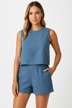Women's Linen Feel Two Piece Set - Sleeveless Top & Mid-Thigh Shorts, Casual Comfort for Summer Royal Blue