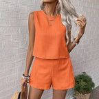 Women's Linen Feel Two Piece Set - Sleeveless Top & Mid-Thigh Shorts, Casual Comfort for Summer