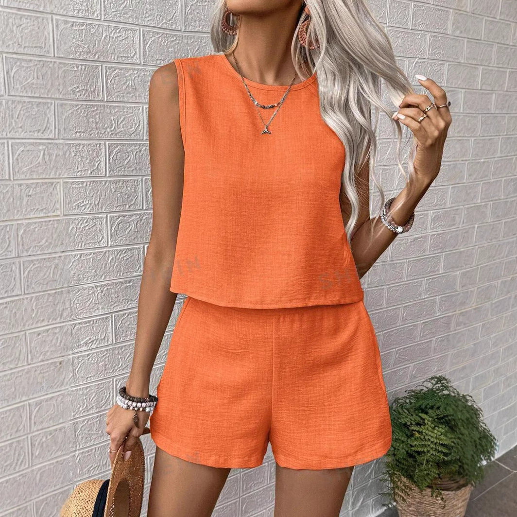 Women's Linen Feel Two Piece Set - Sleeveless Top & Mid-Thigh Shorts, Casual Comfort for Summer