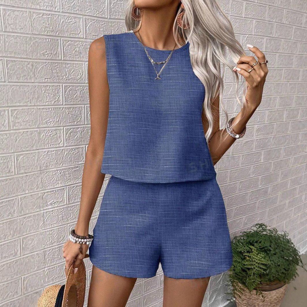 Women's Linen Feel Two Piece Set - Sleeveless Top & Mid-Thigh Shorts, Casual Comfort for Summer