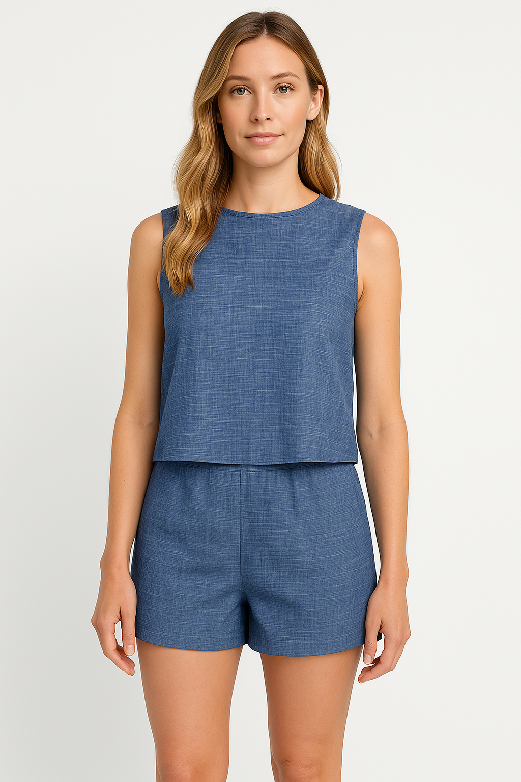 Women's Linen Feel Two Piece Set - Sleeveless Top & Mid-Thigh Shorts, Casual Comfort for Summer Blue