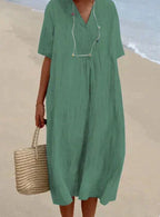 Women's Linen-Like Dress - Lightweight, Casual Summer Style Dark Green