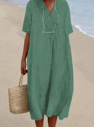 Women's Linen-Like Dress - Lightweight, Casual Summer Style Dark Green