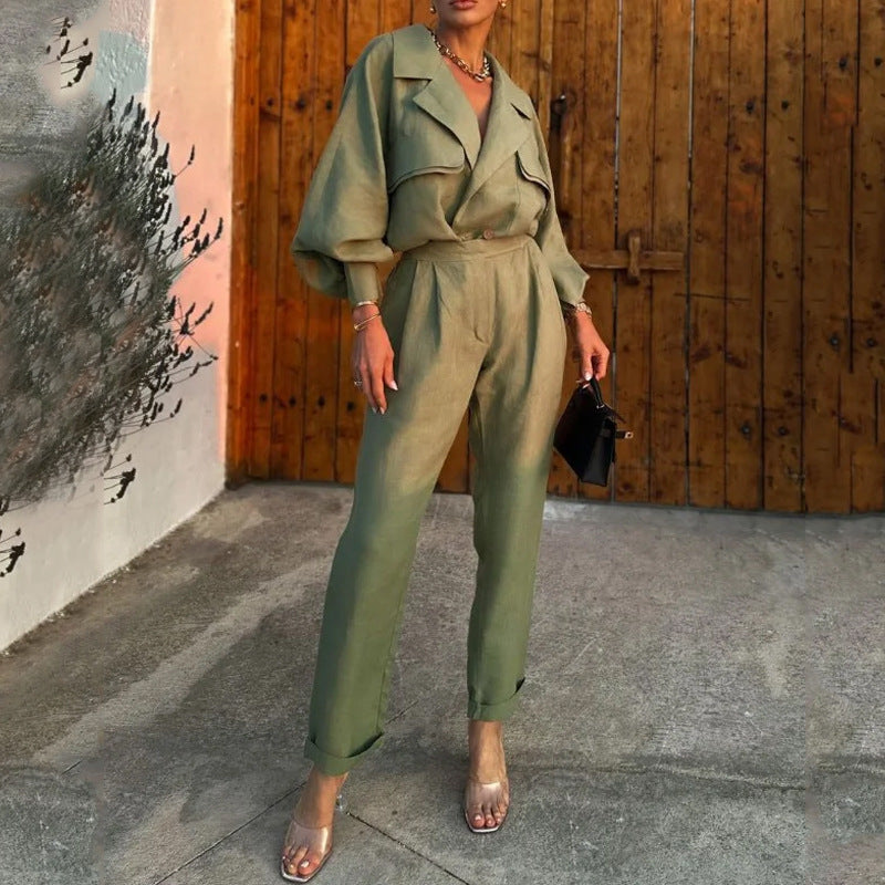 Women's Linen Look Two-Piece Set – Draped Lapel Top & Tapered Trousers | Olive Green