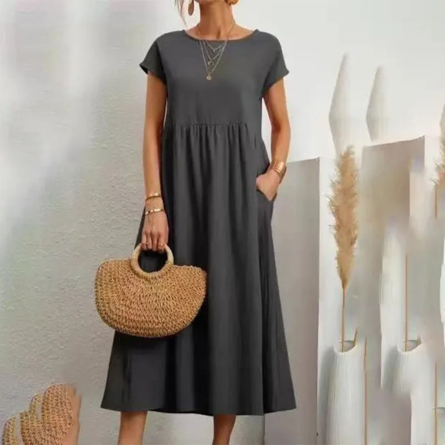 Women's Linen Maxi Dress - Short Sleeve, Round Neck, Relaxed Fit Grey