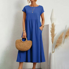 Women's Linen Maxi Dress - Short Sleeve, Round Neck, Relaxed Fit Blue