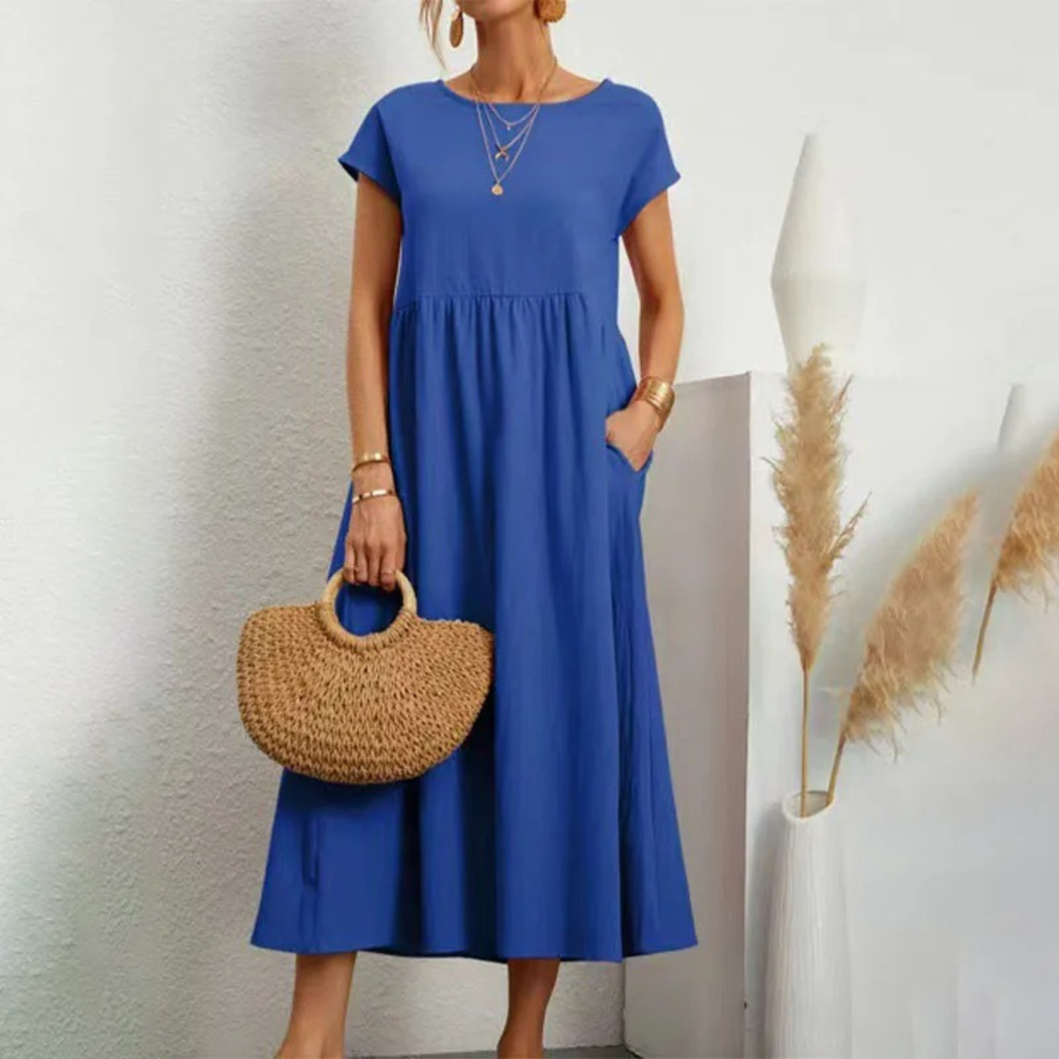 Women's Linen Maxi Dress - Short Sleeve, Round Neck, Relaxed Fit Blue
