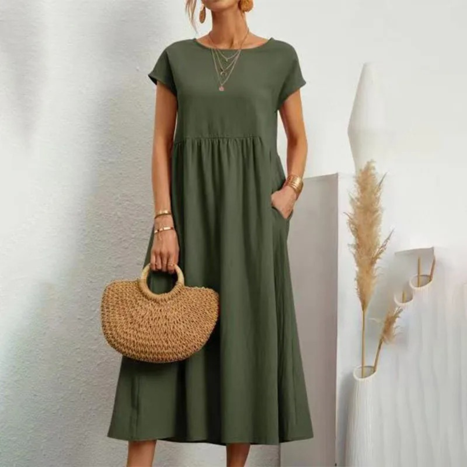 Women's Linen Maxi Dress - Short Sleeve, Round Neck, Relaxed Fit Dark Green