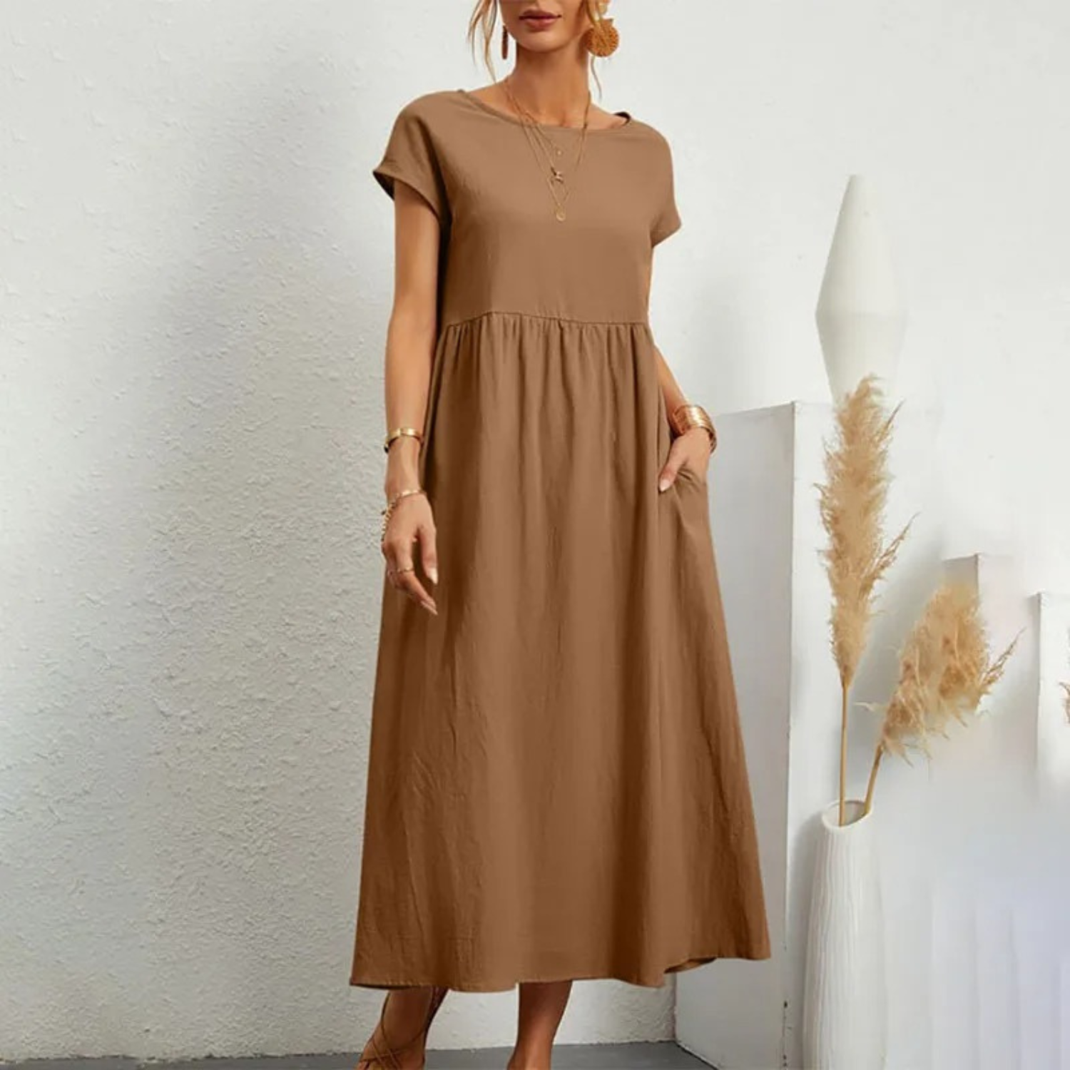 Women's Linen Maxi Dress - Short Sleeve, Round Neck, Relaxed Fit Light brown